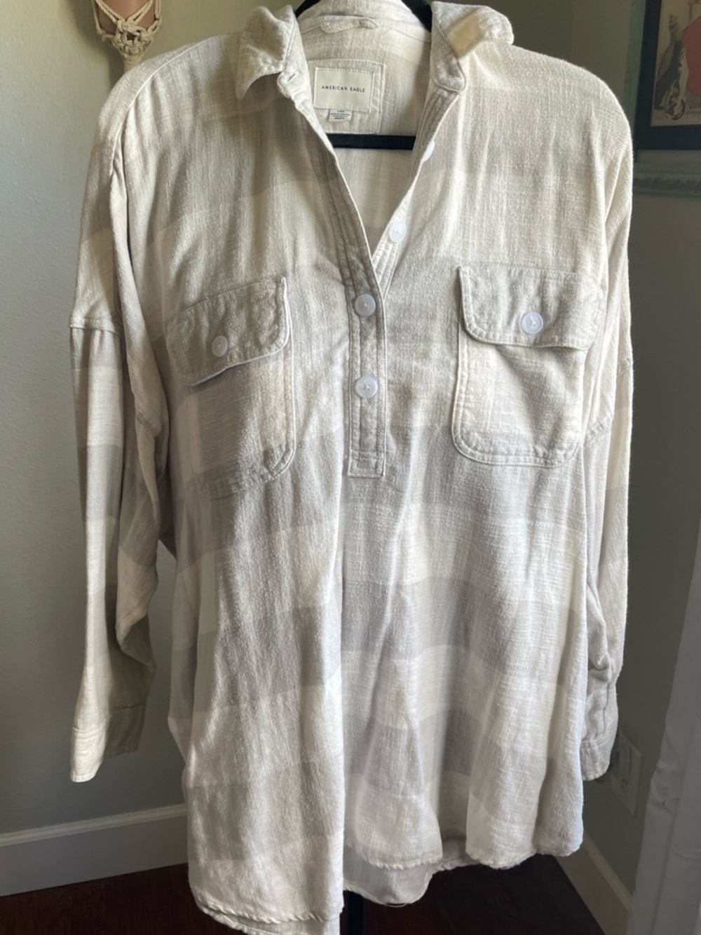 American Eagle Oversized Button-Front Shirt Tunic in white grey